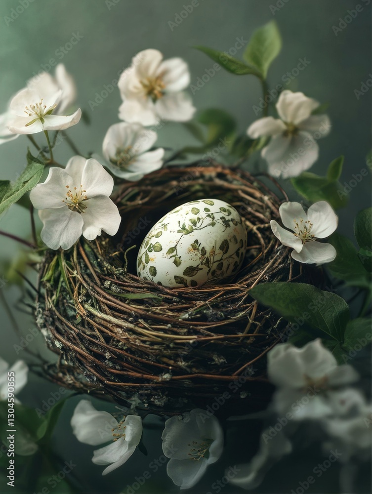 Fototapeta premium Artistic Bird Nest with Decorative Egg Surrounded by White Spring Blossoms and Green Foliage Detail