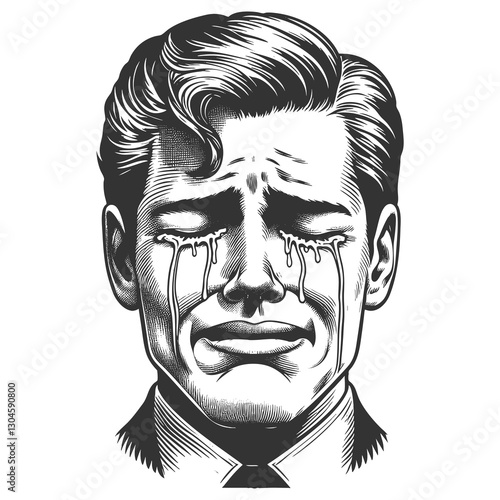 Wallpaper Mural man in a suit, crying with an intense and emotional facial expression, symbolizing sadness and vulnerability sketch engraving generative ai raster illustration. Scratch board. Black and white image. Torontodigital.ca