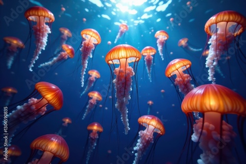 Thousands of jellyfish pulsate, mesmerizing underwater scene, jellyfish, ocean