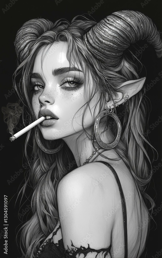 Obraz premium Bewitching Temptress with Horns Smoking a Cigarette in Black and White Ethereal Artwork Portrait