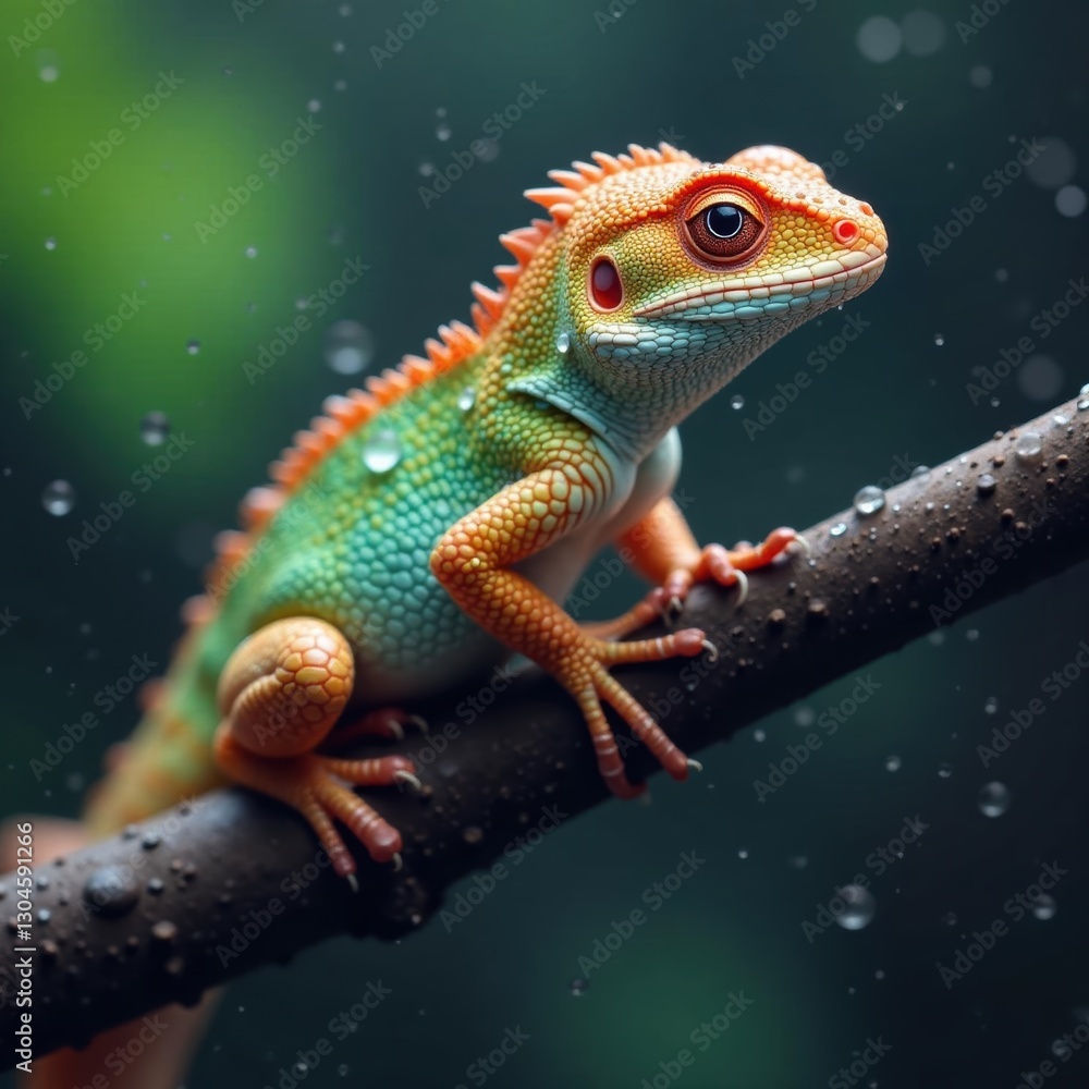 Water dragon perched on branch, dew drops visible , pet, asia Water dragon perched on branch, dew drops visible , pet, asia