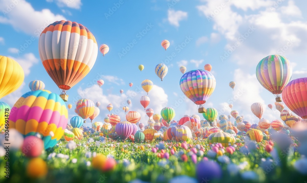 Naklejka premium Vibrant field of hot air balloons rising into a bright blue sky, vivid colors reflecting sunlight, creating a joyful and adventurous atmosphere,