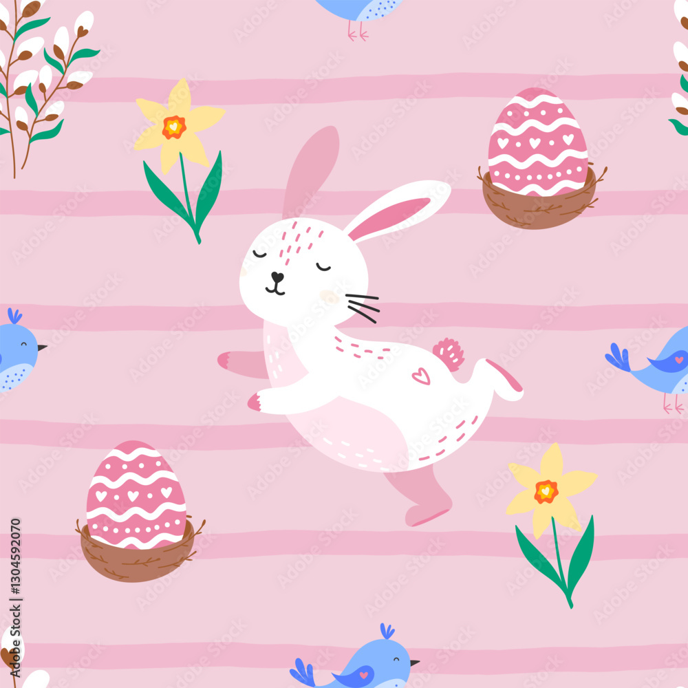 Adorable seamless vector pattern with Easter bunnies, eggs, and nests in soft pastel shades, perfect for textile designs, holiday decorations, and children s apparel Adorable seamless vector pattern with Easter bunnies, eggs, and nests in soft pastel shades, perfect for textile designs, holiday decorations, and children s apparel