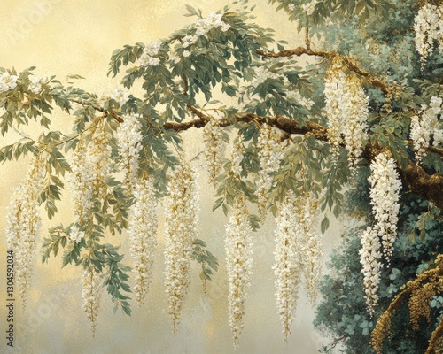 Wallpaper Mural White Wisteria Blossoms in Soft Yellow Light Torontodigital.ca