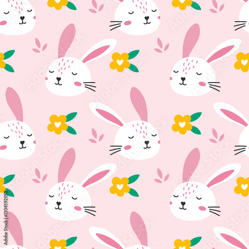 Vector illustration of Soft and sweet seamless rabbit pattern with delicate botanical elements, ideal for children s bedding, nursery prints, and elegant springtime stationery