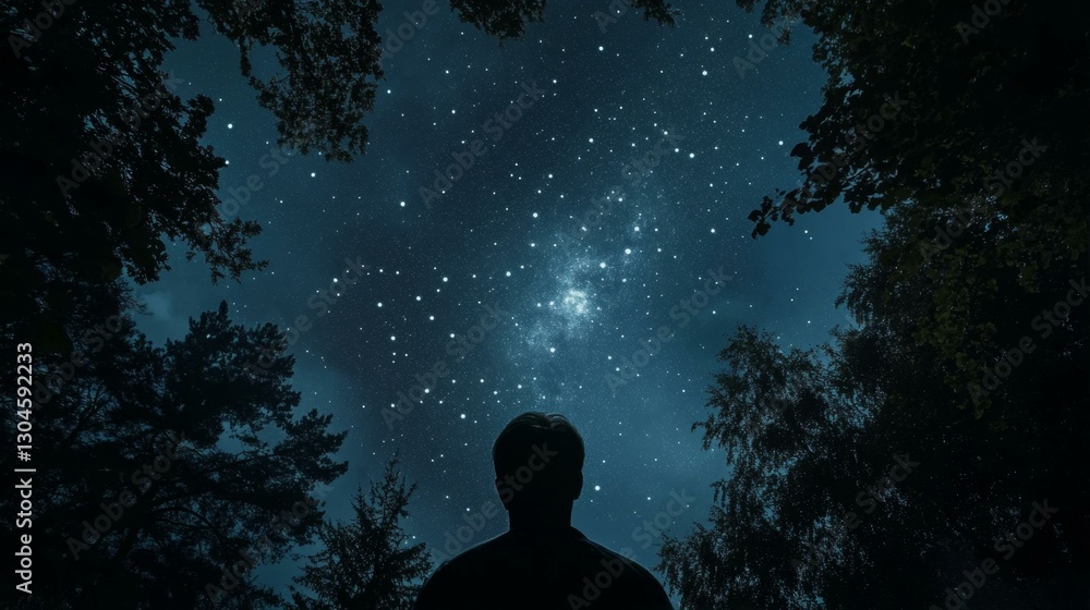 Contemplative Figure Beneath Starry Sky Silhouette Person Looking Upward During Calm Night Contemplative Figure Beneath Starry Sky Silhouette Person Looking Upward During Calm Night
