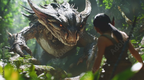 Fototapeta Naklejka Na Ścianę i Meble -  Confrontation with a Fantasy Dragon in Lush Green Jungle Cinematic Encounter with Warrior Elf