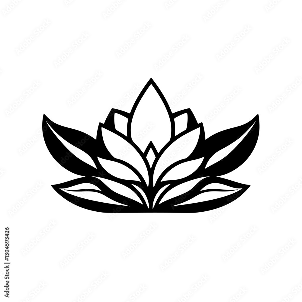 Black and White Lotus Flower Logo with Vector Graphics on a White Background. Black and White Lotus Flower Logo with Vector Graphics on a White Background.