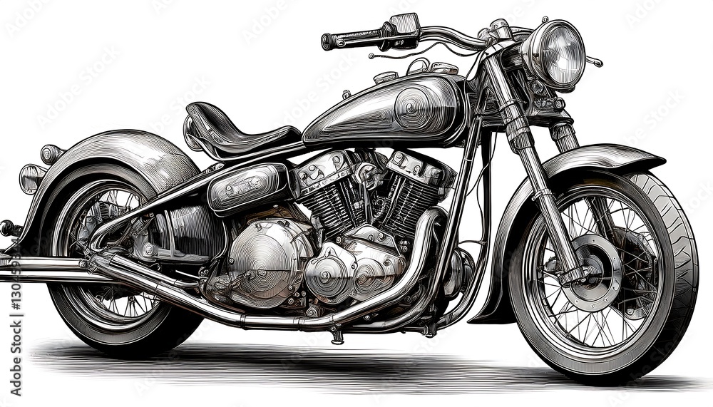 Fototapeta premium Retro motorcycle engraving showcasing intricate line art with vintage aesthetics and side profile design. Generative AI