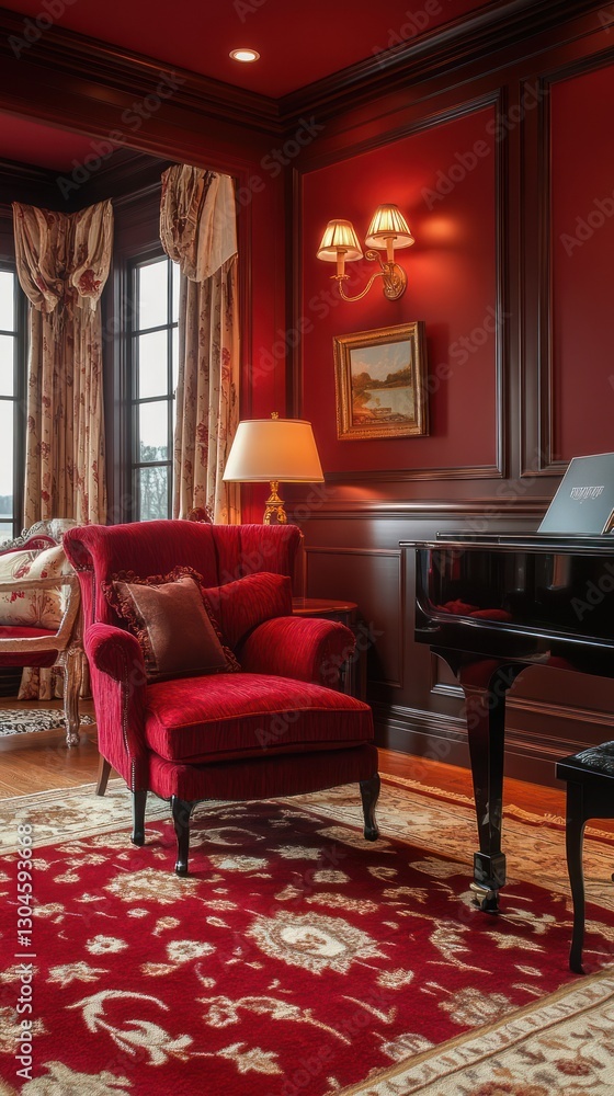 A Cozy Red Room Features a Piano and an Armchair Nicely A Cozy Red Room Features a Piano and an Armchair Nicely