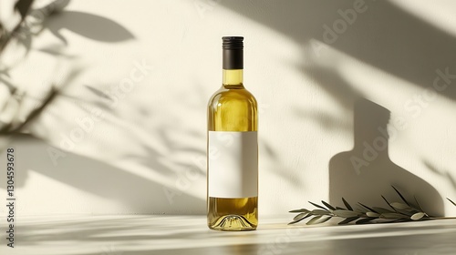 A minimalist glass bottle, its surface gleaming under the soft light, cradles the golden elixir of extra virgin olive oil. A pristine white backdrop provides a clean canvas for its blank label, photo