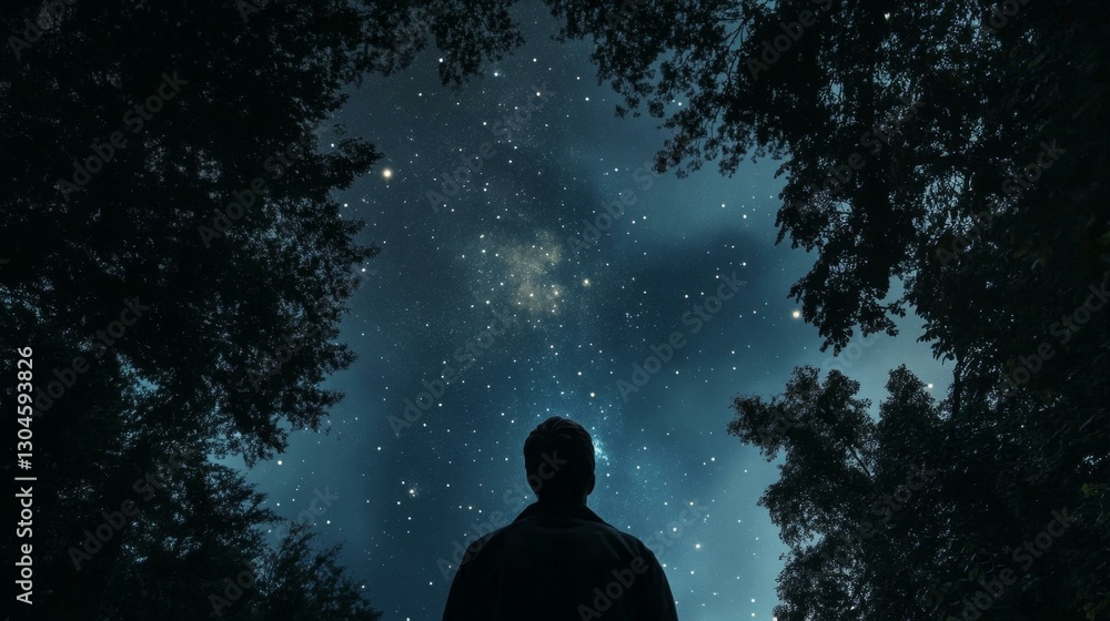 Fototapeta premium Contemplative Gaze Under Starry Skies Silhouette of Solitude Embracing Celestial Wonder
