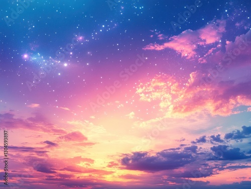 Ethereal celestial dreamscape of vibrant pink and blue sky with fluffy clouds and twinkling stars creating a magical serene atmosphere