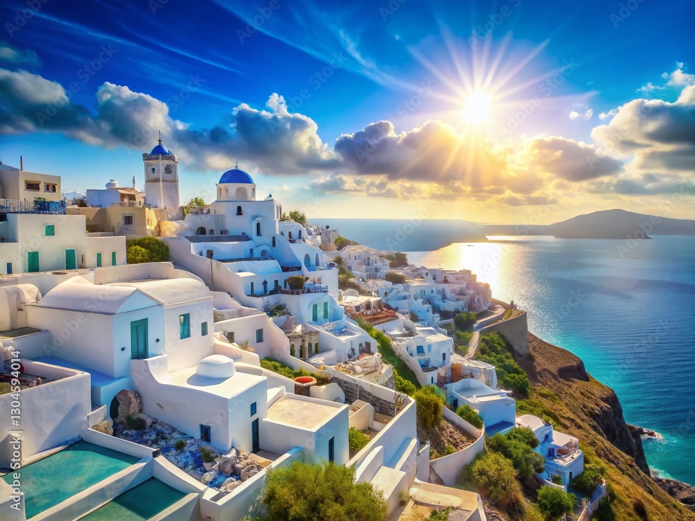 Obraz premium Isometric Greece: Blue Aegean Sea Long Exposure, Cyclades Islands, Whitewashed Houses, Sun-Drenched Landscape