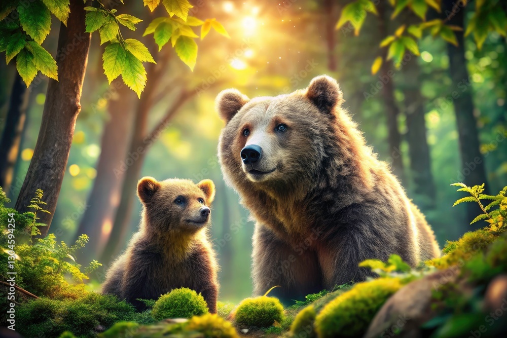 Obraz premium Great Bear Little Bear HD, Cute Cartoon Animals, Forest Friends, Wildlife Illustration, Nature Scene, Deep Depth of Field, Adorable Bears, High Resolution Image, Digital Painting, Fantasy Art