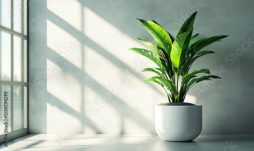 Minimalist green potted plant placed in a sleek modern setting, illuminated by diffused natural light to emphasize its fresh and clean design