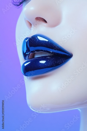 Glossy blue lips contrast beautifully with soft gradient backgro