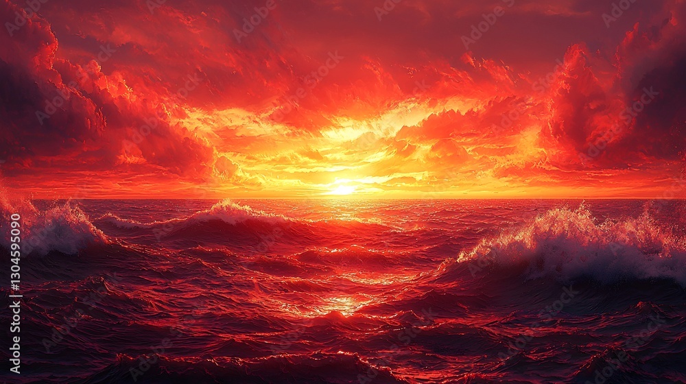Obraz premium Fiery red and orange sunset over the ocean with dramatic clouds and calming waves