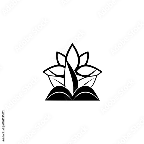 Simple botanical illustration of a closed book with emerging leaves and a central rising leaf.