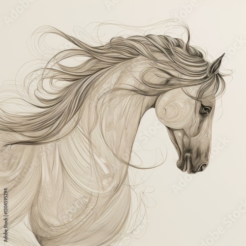 Elegant Equine Portrait in Exquisite Detail and Flowing Mane Depicted in Shades of Grey and White