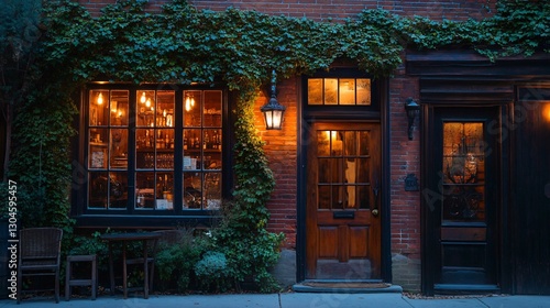 Charming Brick Building at Dusk with Ivy and Warm Lighting