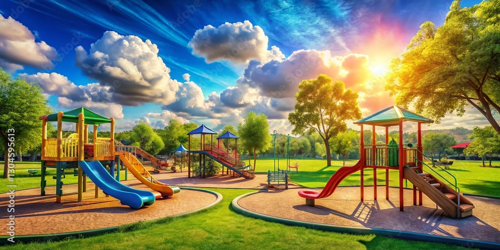 Joyful Playground Scene: Sunny Blue Sky, Kids' Fun, Park Recreation Joyful Playground Scene: Sunny Blue Sky, Kids' Fun, Park Recreation