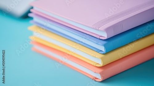 Wallpaper Mural Four vibrant pastel notebooks, stacked harmoniously, showcase a minimalist aesthetic with textured edges, promising a premium stationery experience for creative minds. Perfect for notebooks Torontodigital.ca