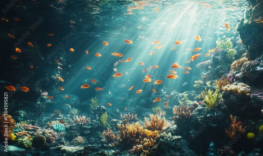 Fototapeta premium Vibrant underwater scene featuring a school of tropical fish swimming near colorful coral reefs, bright sunlight streaming through the water, evoking marine wonder,