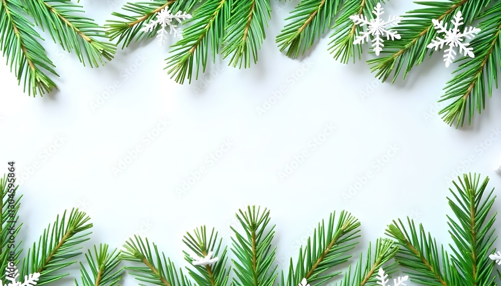 A high-angle, close-up shot shows a festive arrangement of green pine branches and white snowflakes against a bright white background A high-angle, close-up shot shows a festive arrangement of green pine branches and white snowflakes against a bright white background