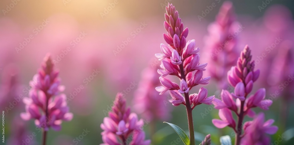 Fototapeta premium Soft pink petals of Calluna vulgaris flowers gently sway in the breeze, purple hues, spring blooms