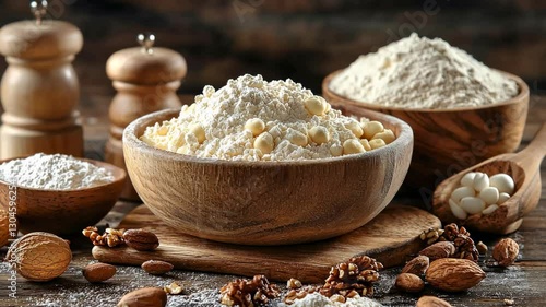 Wooden bowls of flour and nuts on rustic table, baking ingredients