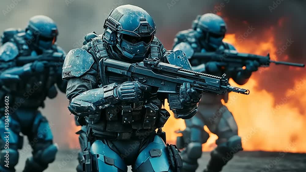 Futuristic Soldiers in Combat: A Scene of Intense Warfare Futuristic Soldiers in Combat: A Scene of Intense Warfare