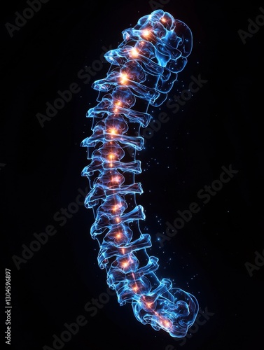 Futuristic glowing human spine illustration with blue and orange highlights, digital art concept, medical and technological innovation, spine health awareness, innovation concept