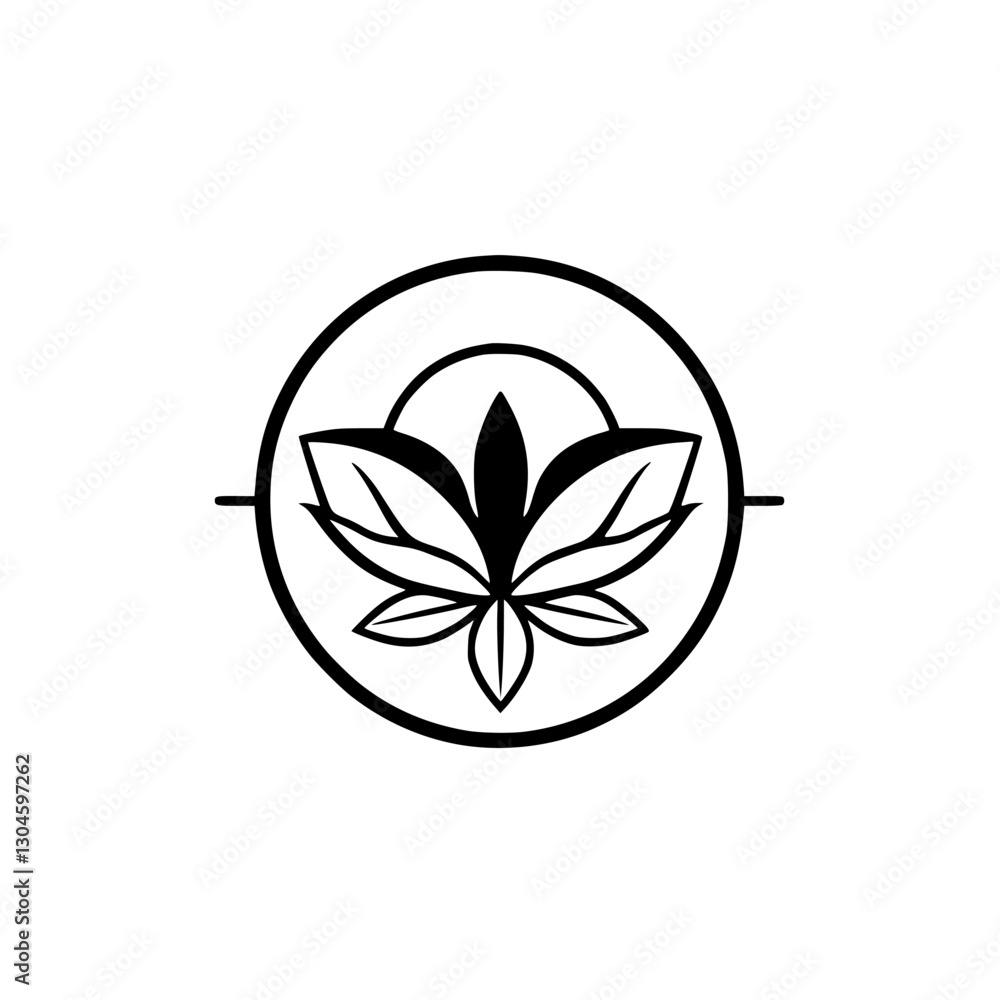 Minimalist Lotus-Flower Motif. Bold Black and White Composition Featuring Floral Design, Nested Circle, and Line. Minimalist Lotus-Flower Motif. Bold Black and White Composition Featuring Floral Design, Nested Circle, and Line.
