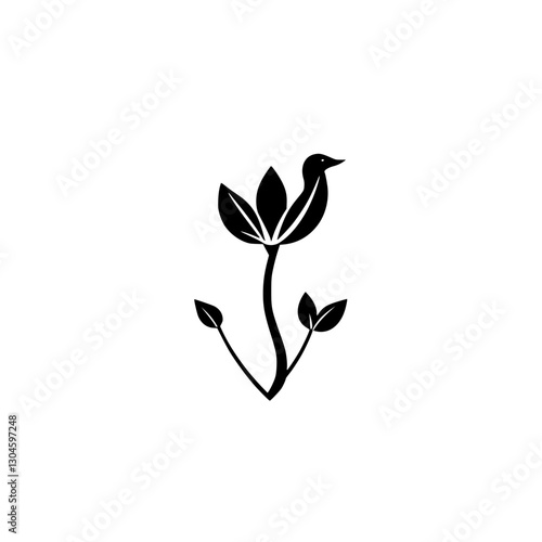 Black and White stylized illustration of a stylized bird and flower.