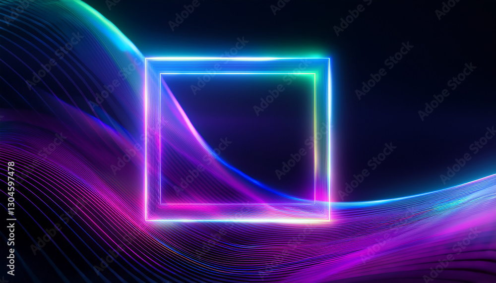 Holographic gradient ultraviolet neon square frame, liquid surface, futuristic and glowing effect.