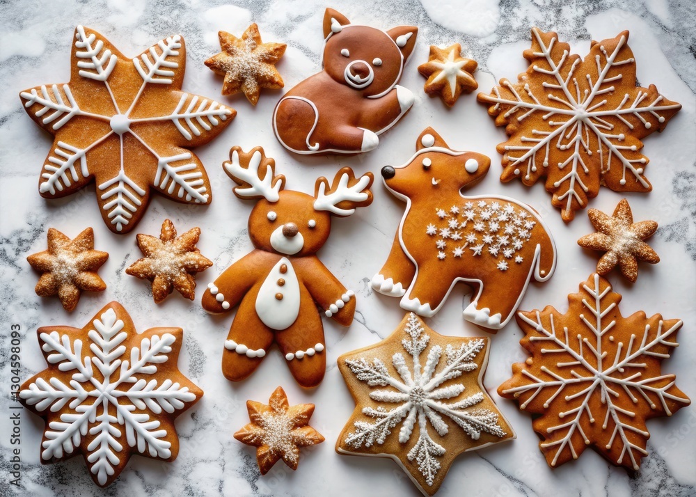 Festive Winter Gingerbread Cookies: Snowflake, Bear, Elk, Fox Top View Photography Festive Winter Gingerbread Cookies: Snowflake, Bear, Elk, Fox Top View Photography