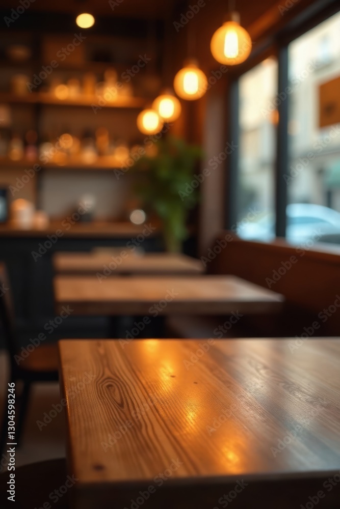 Warm-toned wood table, blurred restaurant glow, grain, lights Warm-toned wood table, blurred restaurant glow, grain, lights