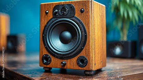Wooden speaker on table, room with plants, audio equipment