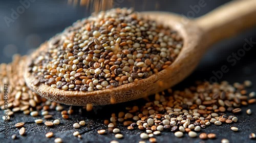 Wooden spoon filled with mixed quinoa seeds, powder falling, dark stone background