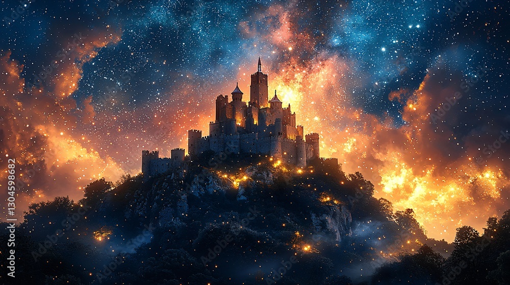 Fototapeta premium Ancient castle on a hill under a starry night sky filled with bright stars and celestial beauty