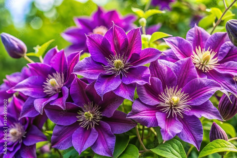 June Blooms: Panoramic View of Deep Purple Double Clematis Flowers June Blooms: Panoramic View of Deep Purple Double Clematis Flowers