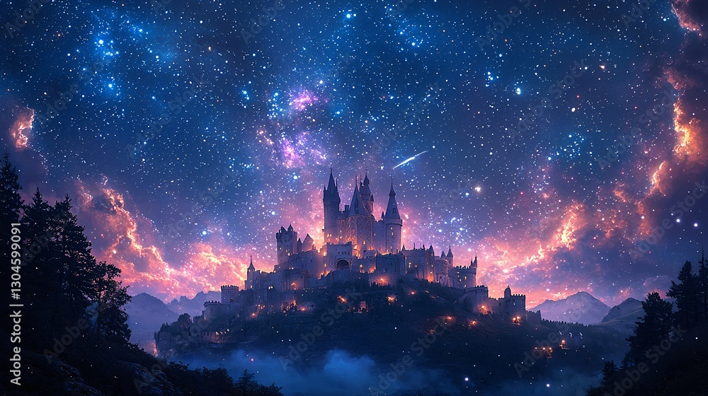 Fototapeta premium Ancient castle on a hill under a starry night sky with clouds and celestial atmosphere