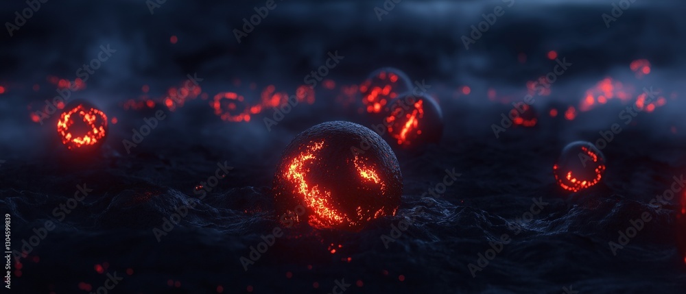 Fototapeta premium Group of red spheres floating on a dark, foggy surface. the spheres appear to be glowing, with a bright orange glow emanating from them.