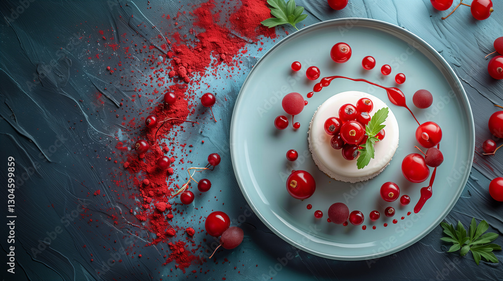 Elegant Dessert Presentation With Red Berries And Mint Leaves Arranged On A Blue Plate With Glittering Background Elegant Dessert Presentation With Red Berries And Mint Leaves Arranged On A Blue Plate With Glittering Background