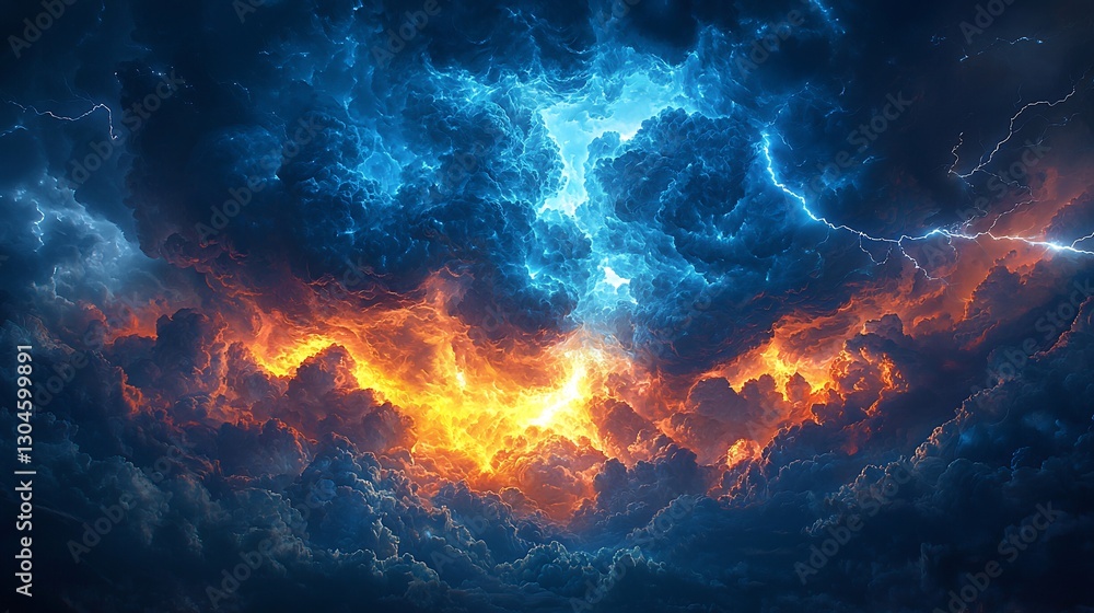 Dark blue stormy sky with thunderclouds and lightning illuminating the atmosphere Dark blue stormy sky with thunderclouds and lightning illuminating the atmosphere