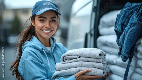 Smiling woman organizing laundry in a delivery van