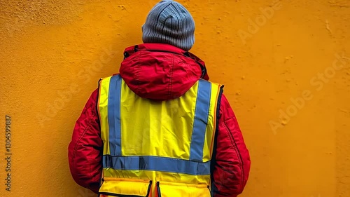 Worker stands back, safety vest, bright orange wall, urban setting