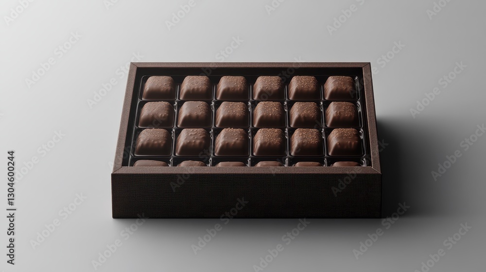 A tantalizing chocolate box mockup invites viewers to indulge. A windowed box reveals rows of delectable treats, nestled against a sleek minimalist background, promising pure chocolate bliss. A tantalizing chocolate box mockup invites viewers to indulge. A windowed box reveals rows of delectable treats, nestled against a sleek minimalist background, promising pure chocolate bliss.