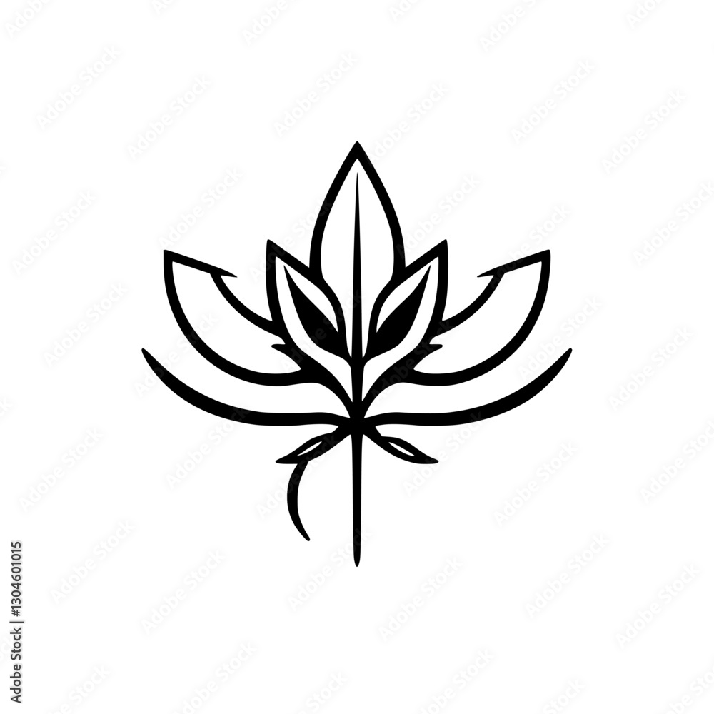 Abstract black and white plant artwork featuring a symmetrical composition of stylized leaves and a central stem. The art uses thick black lines. Abstract black and white plant artwork featuring a symmetrical composition of stylized leaves and a central stem. The art uses thick black lines.